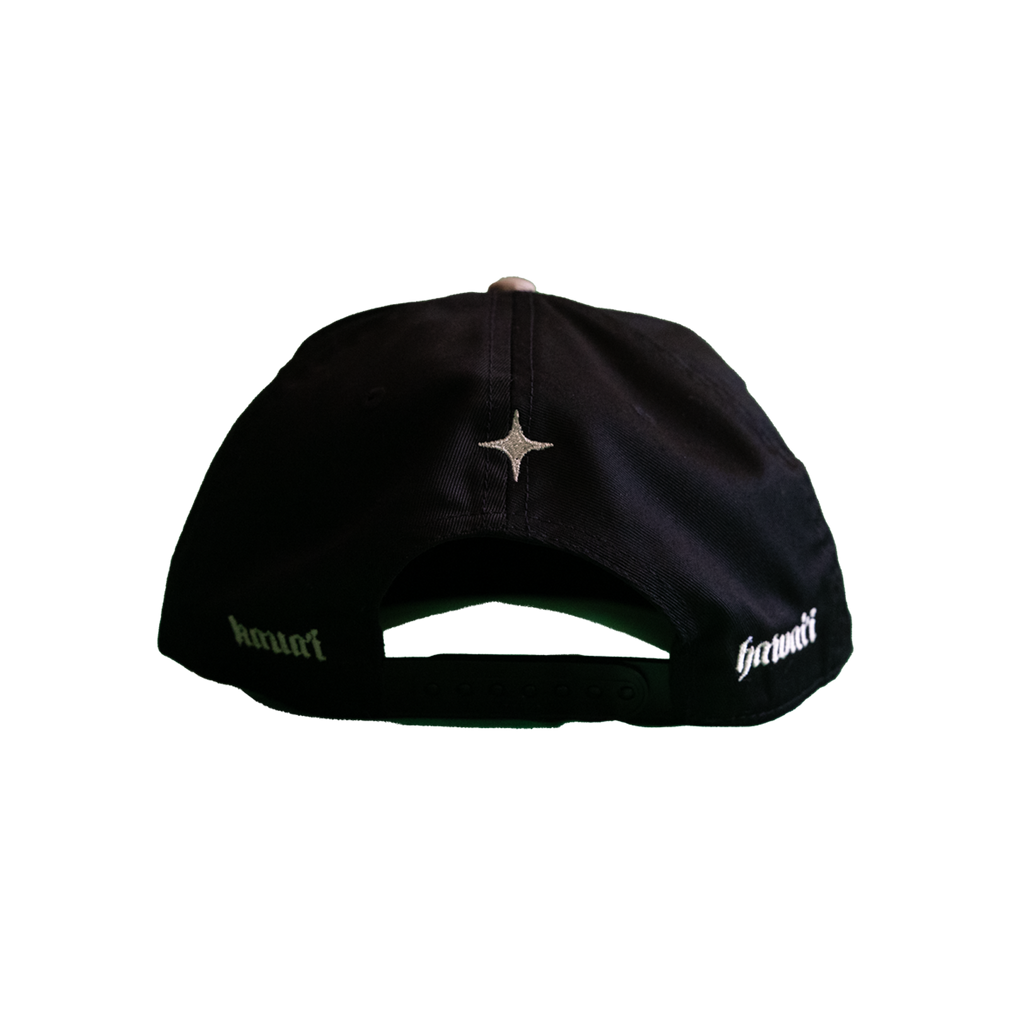 The Black Mountain Snapback Hat — Black with Tan Brim